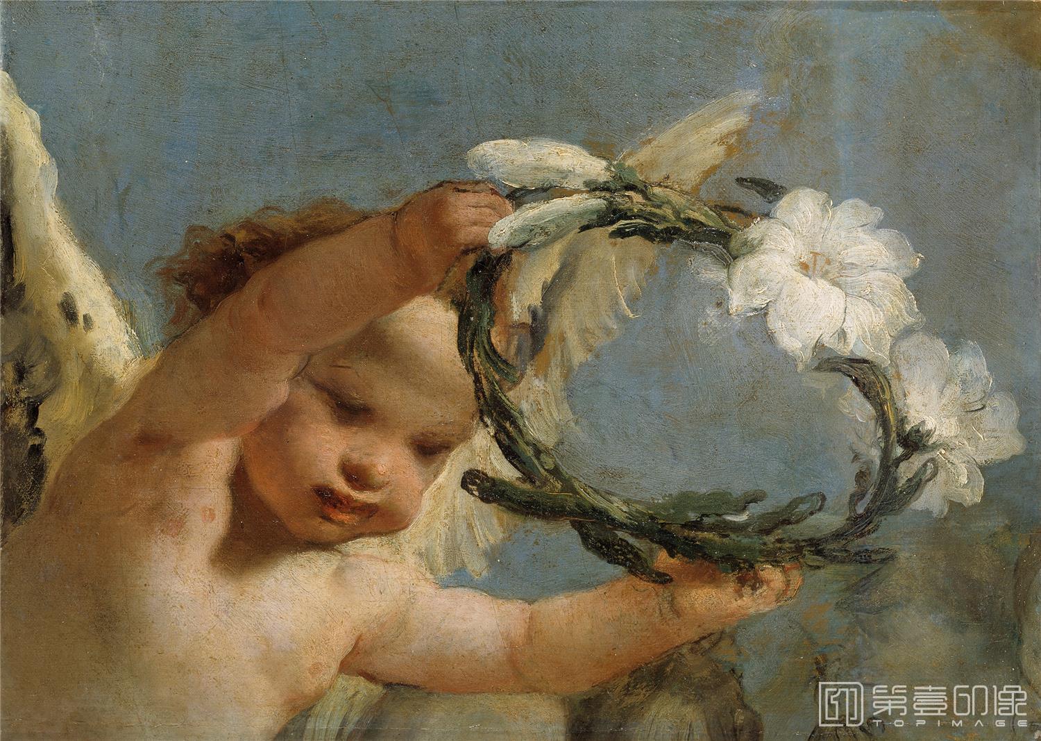 油画-西班牙普拉多美术馆油画藏画-Tiepolo, Giambattista-Ángel con corona de azucenas-40cm x 53cm-2706